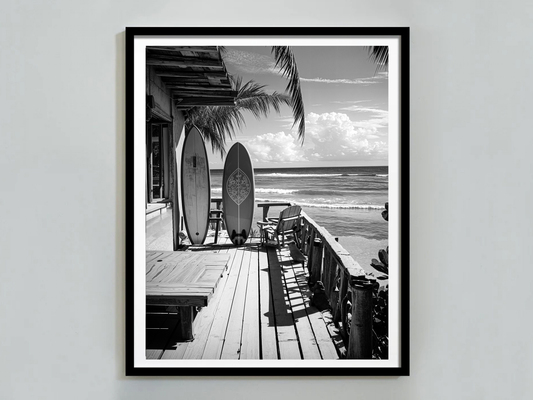 Surfboard Beach Poster Black and White – Coastal Ocean Wall Art For Home, Surf Shop And Beach House Decor (Digital Download)