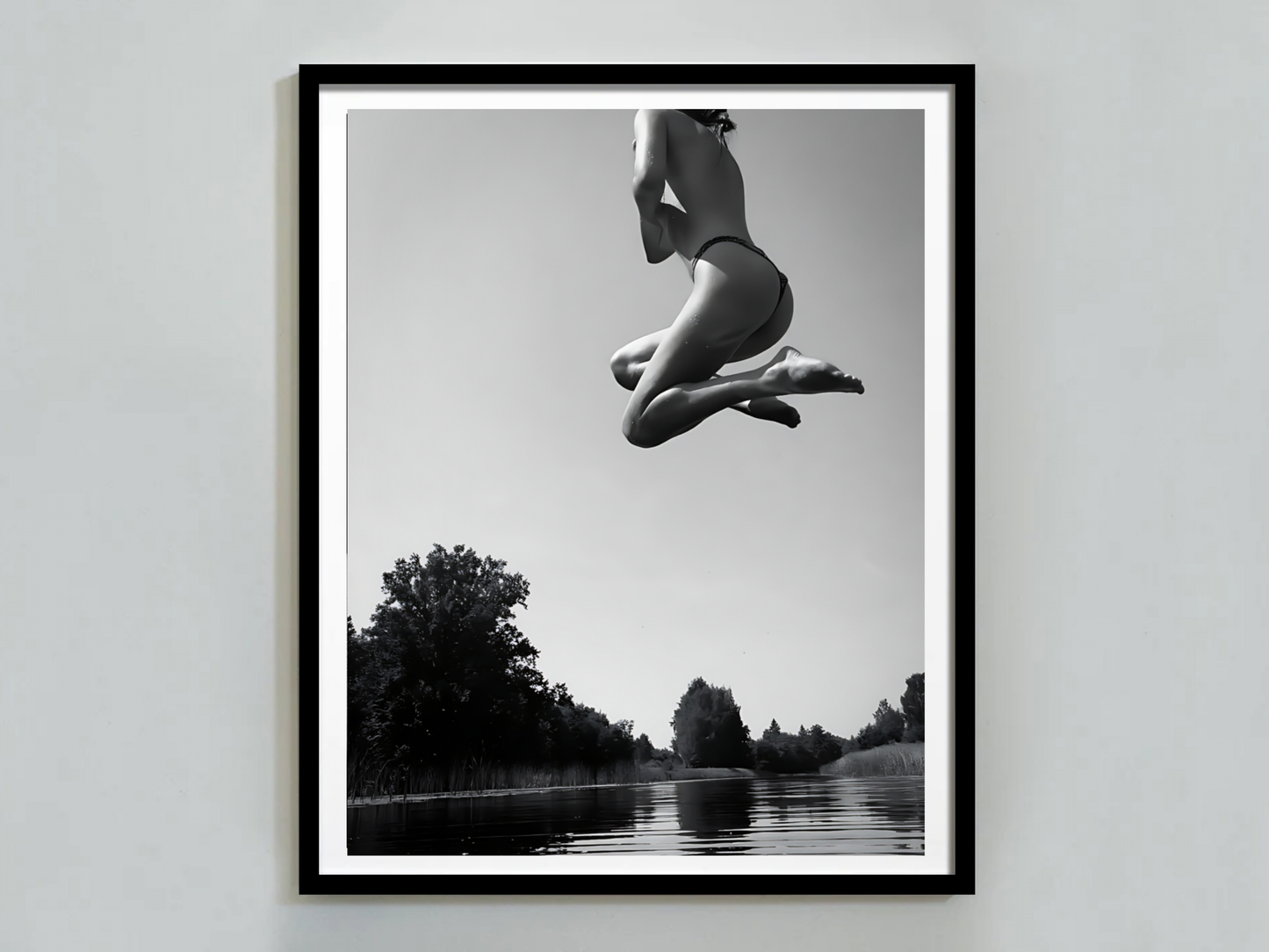 Black and White Woman Jumping Over Water Artistic Wall Print Digital Download
