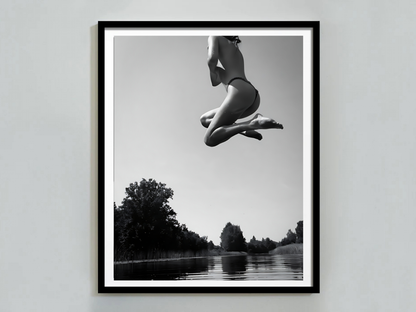 Black and White Woman Jumping Over Water Artistic Wall Print Digital Download