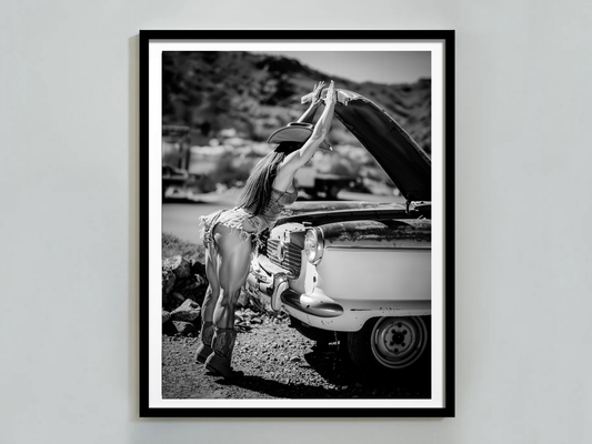 Cowgirl Vintage Car Poster Black and White – Western Retro Art Print for Rustic Decor (Digital Download)