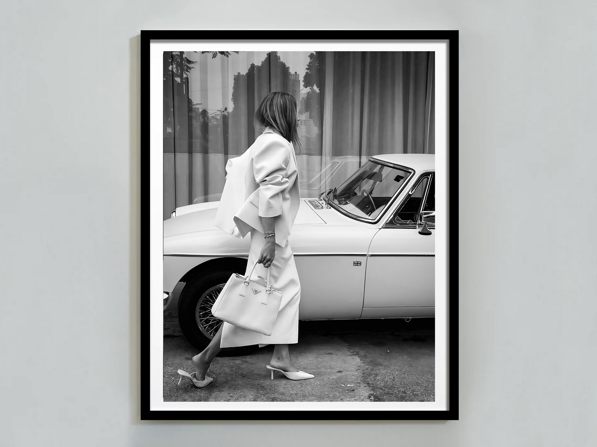 Elegant Woman with Prada Bag and Vintage Car Fashion Wall Art Digital Download