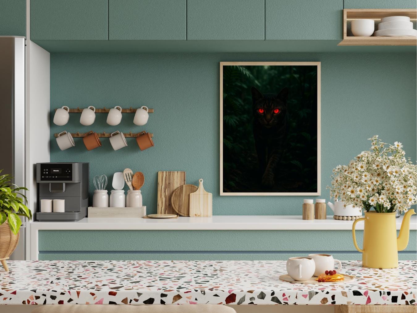 Modern kitchen with teal walls, a coffee machine, and decorative items.