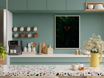 Modern kitchen with teal walls, a coffee machine, and decorative items.