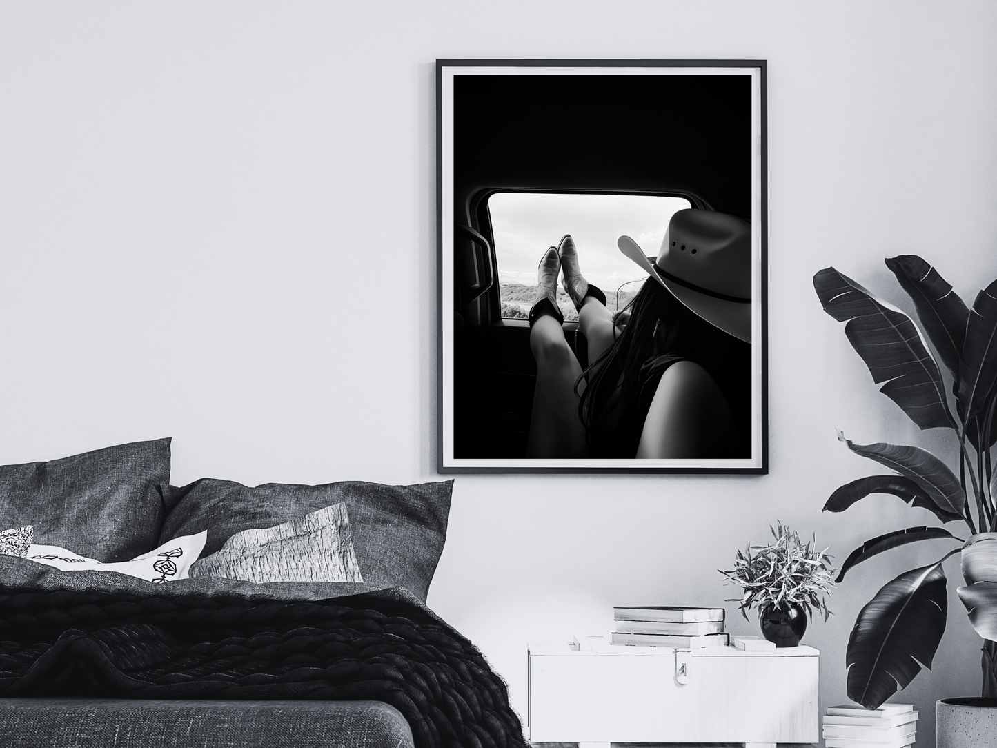 Cowgirl Relaxing Car Window Print - Black & White Western Photography Wall Art (Digital Download)