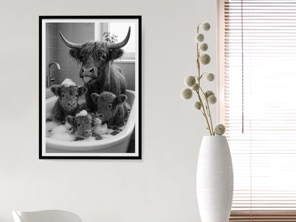 Highland Cow in Bathtub Print, Black and White, Funny Bathroom Wall Art, Kids Bathroom Decor, Digital Download, Animals in Bathtub Wall Art