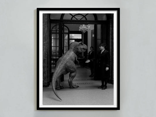 retro vintage dinosaur in restaurant print old fashion photography wall art decor black and white trendy dinosaur dino digital download printable wall art poster, digital download