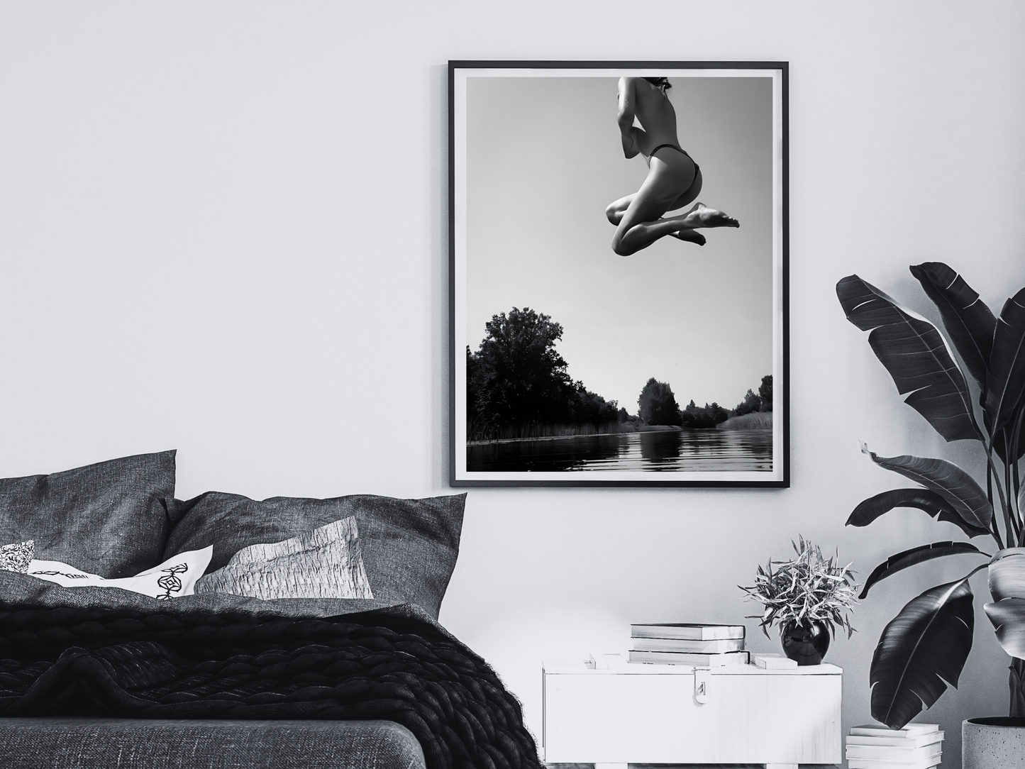 Black and White Woman Jumping Over Water Artistic Wall Print Digital Download