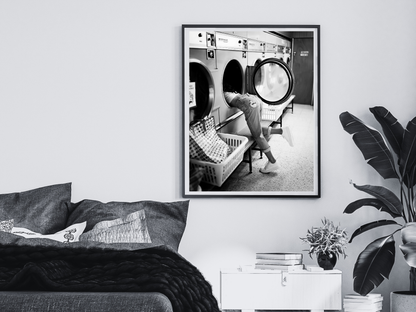 Playful Girl at Laundromat Retro Black and White Wall Art Digital Download
