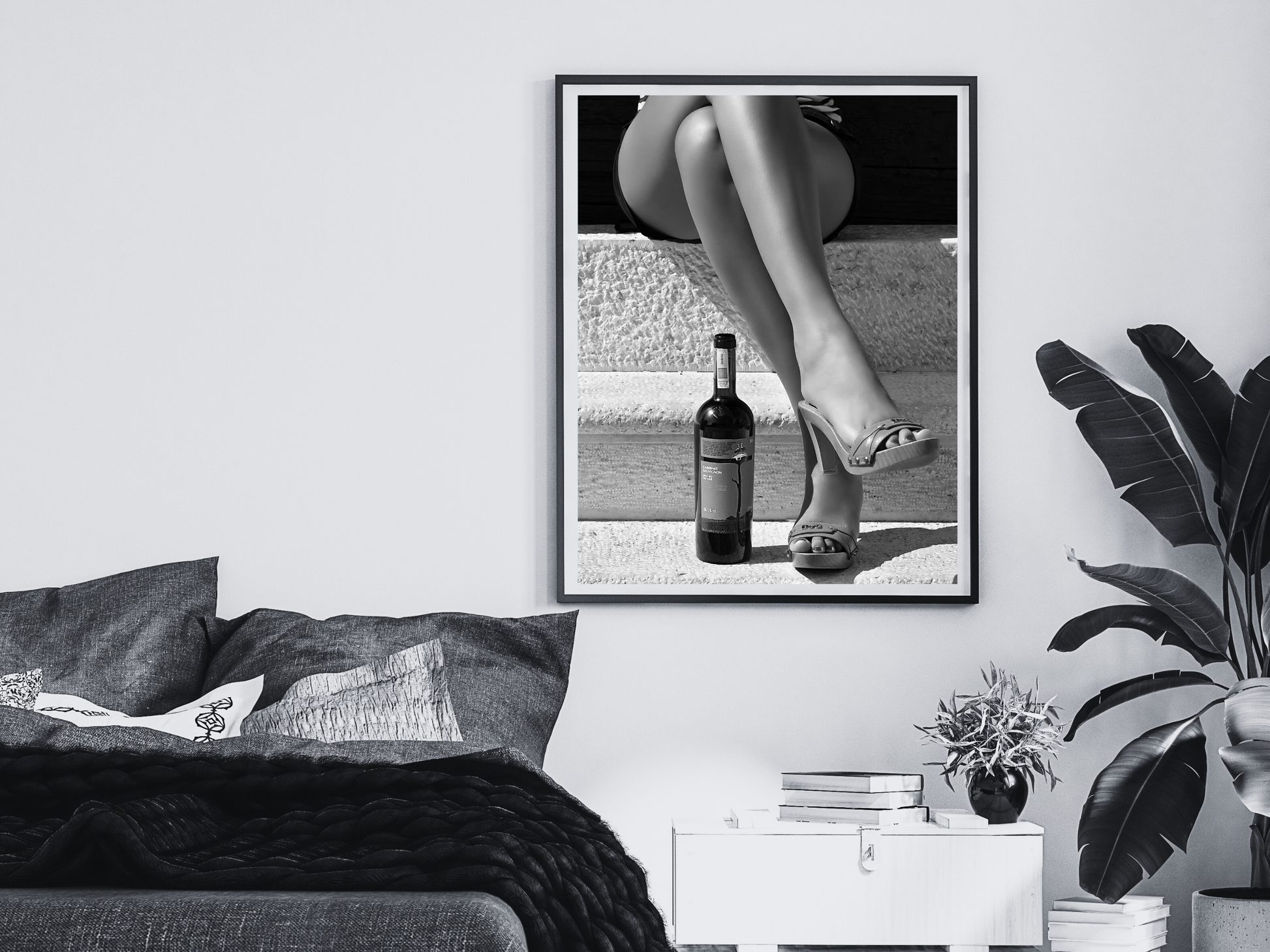 Black and White Woman Legs with Wine Bottle Aesthetic Wall Art Digital Download