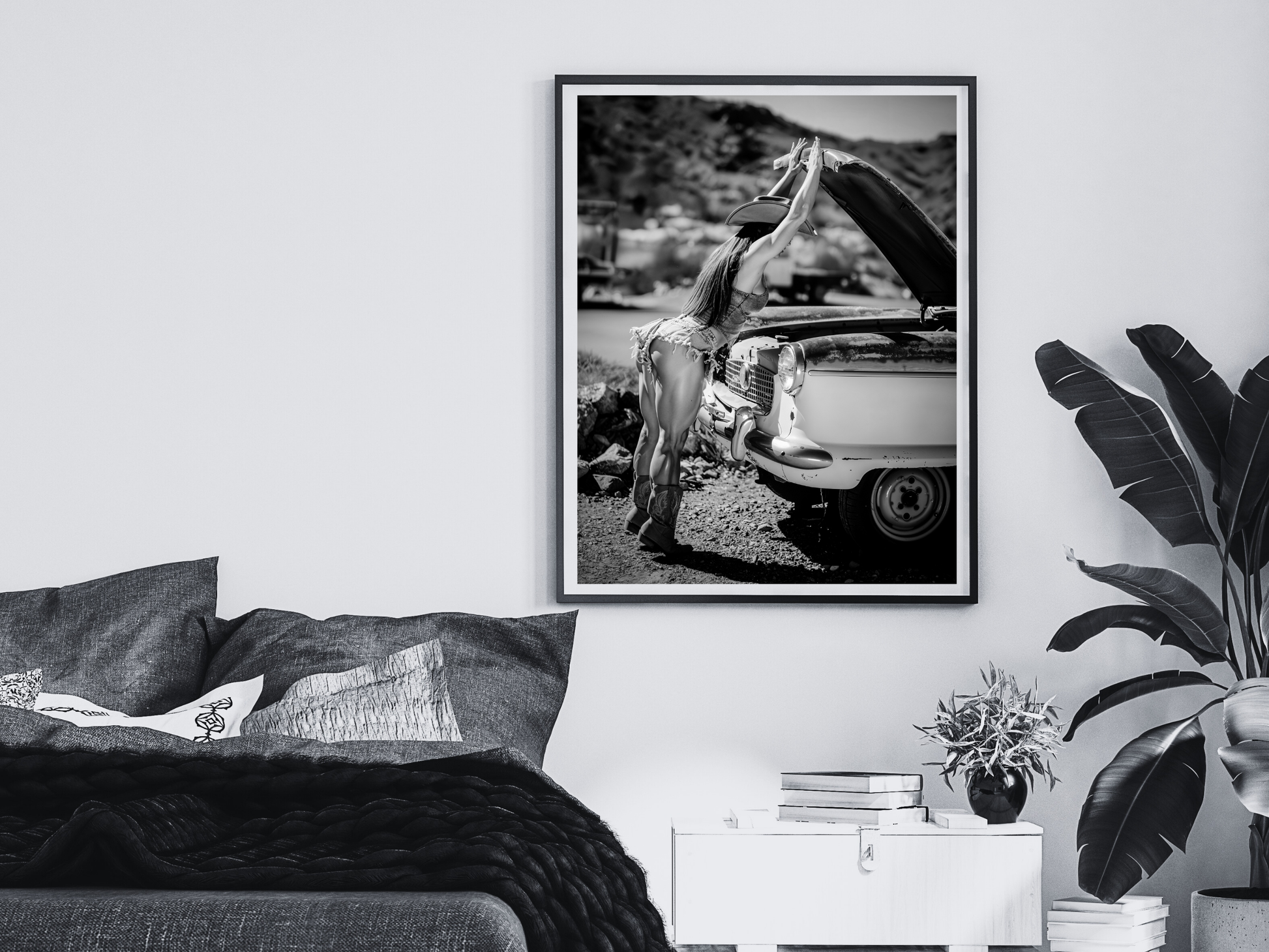 Cowgirl Vintage Car Poster Black and White – Western Retro Art Print for Rustic Decor (Digital Download)