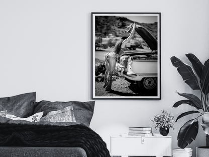 Cowgirl Vintage Car Poster Black and White – Western Retro Art Print for Rustic Decor (Digital Download)