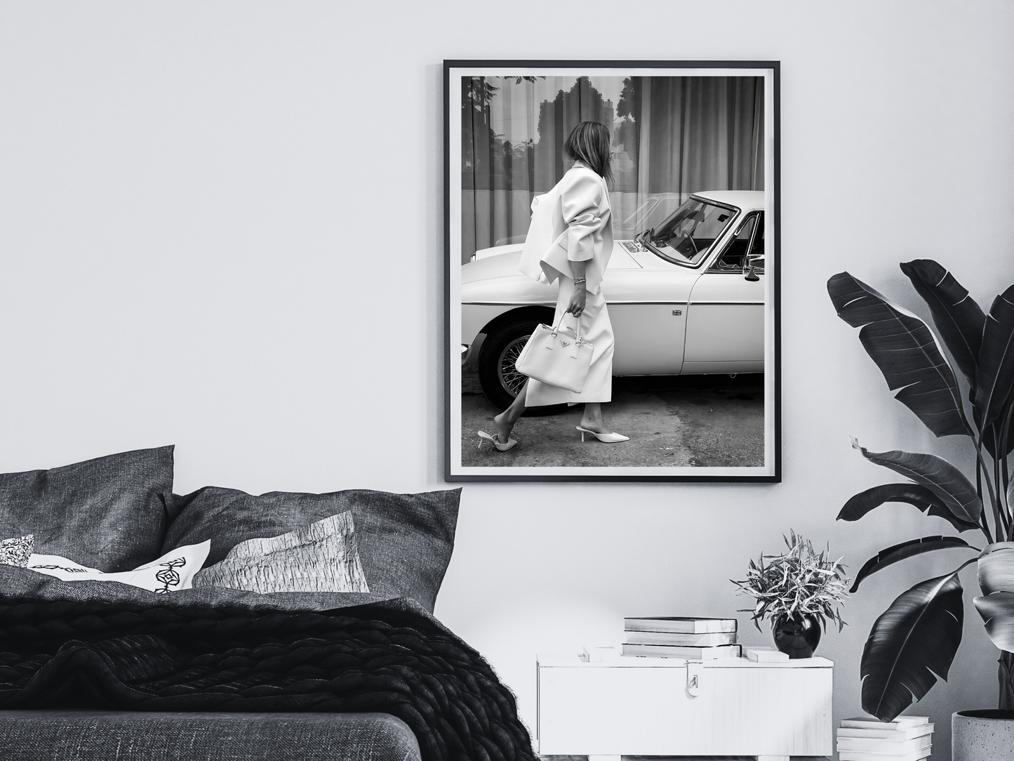 Elegant Woman with Prada Bag and Vintage Car Fashion Wall Art Digital Download