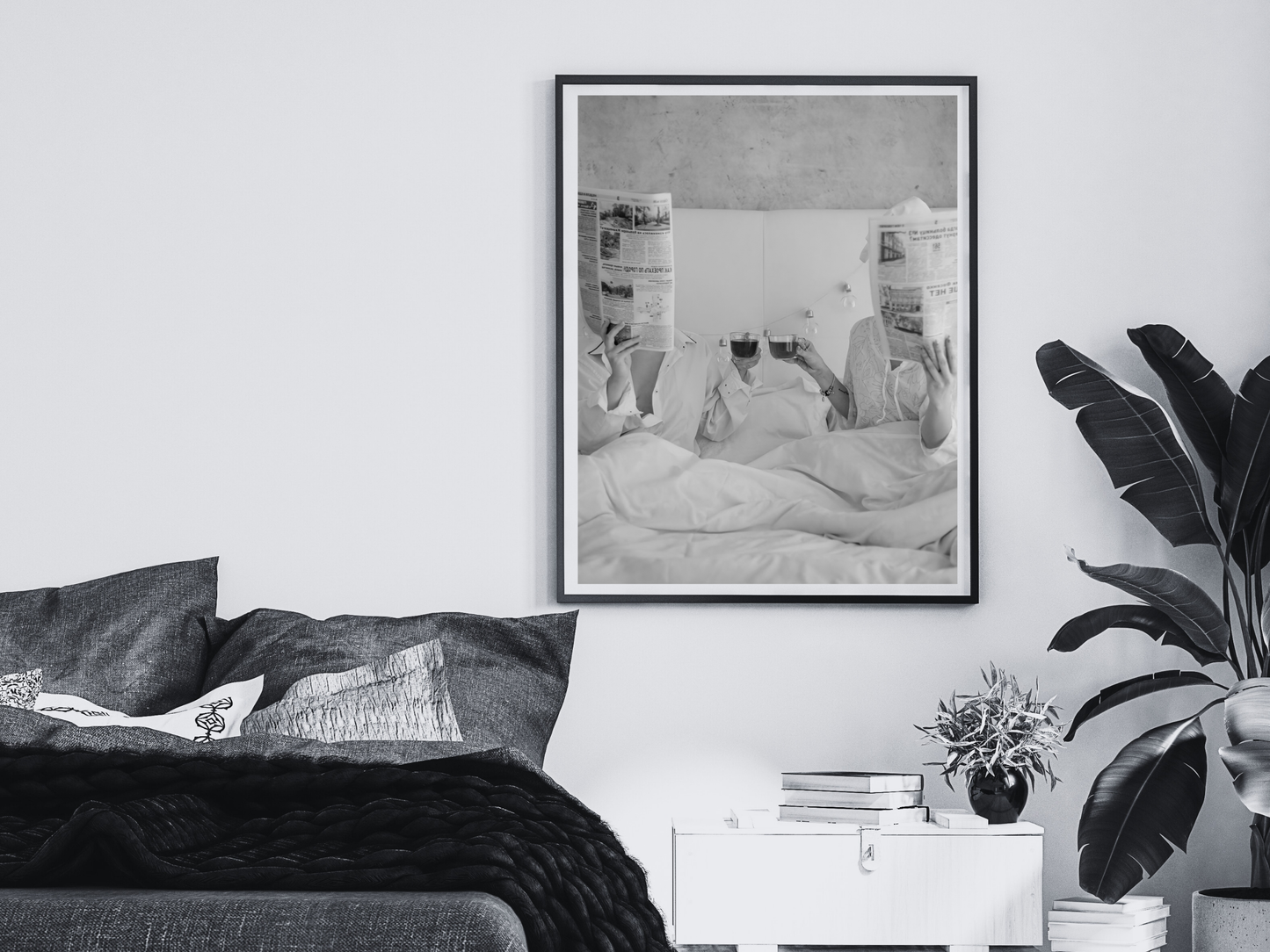 Couple Reading Newspaper Poster Black and White Cozy Morning Wall Art Digital Download