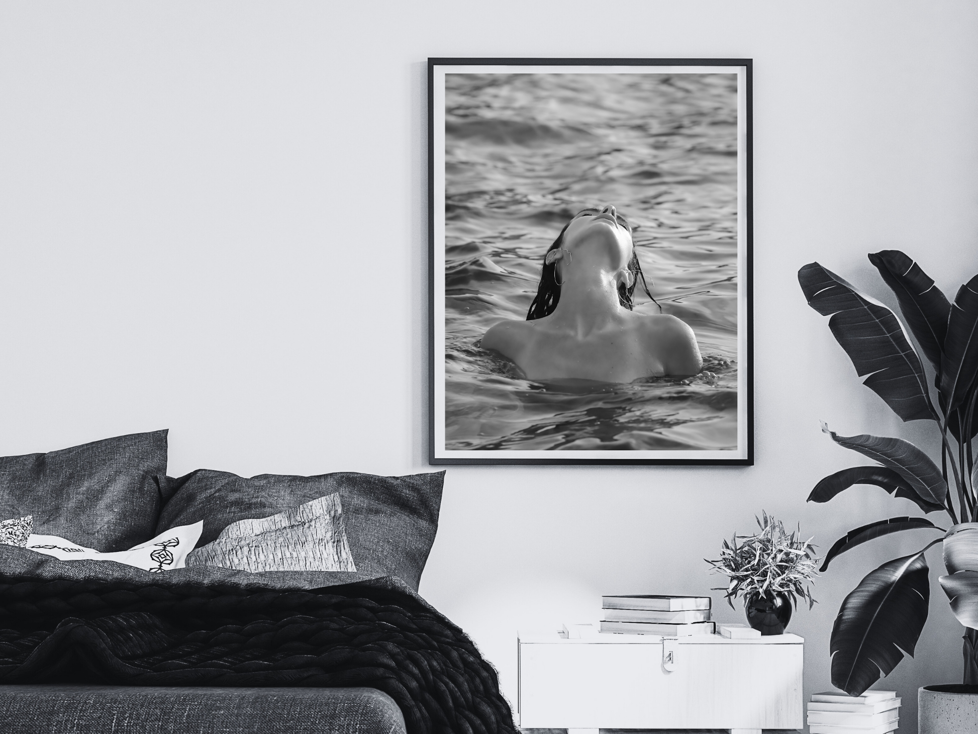 Woman Swimming in Ocean Black and White Minimalist Wall Art Digital Download
