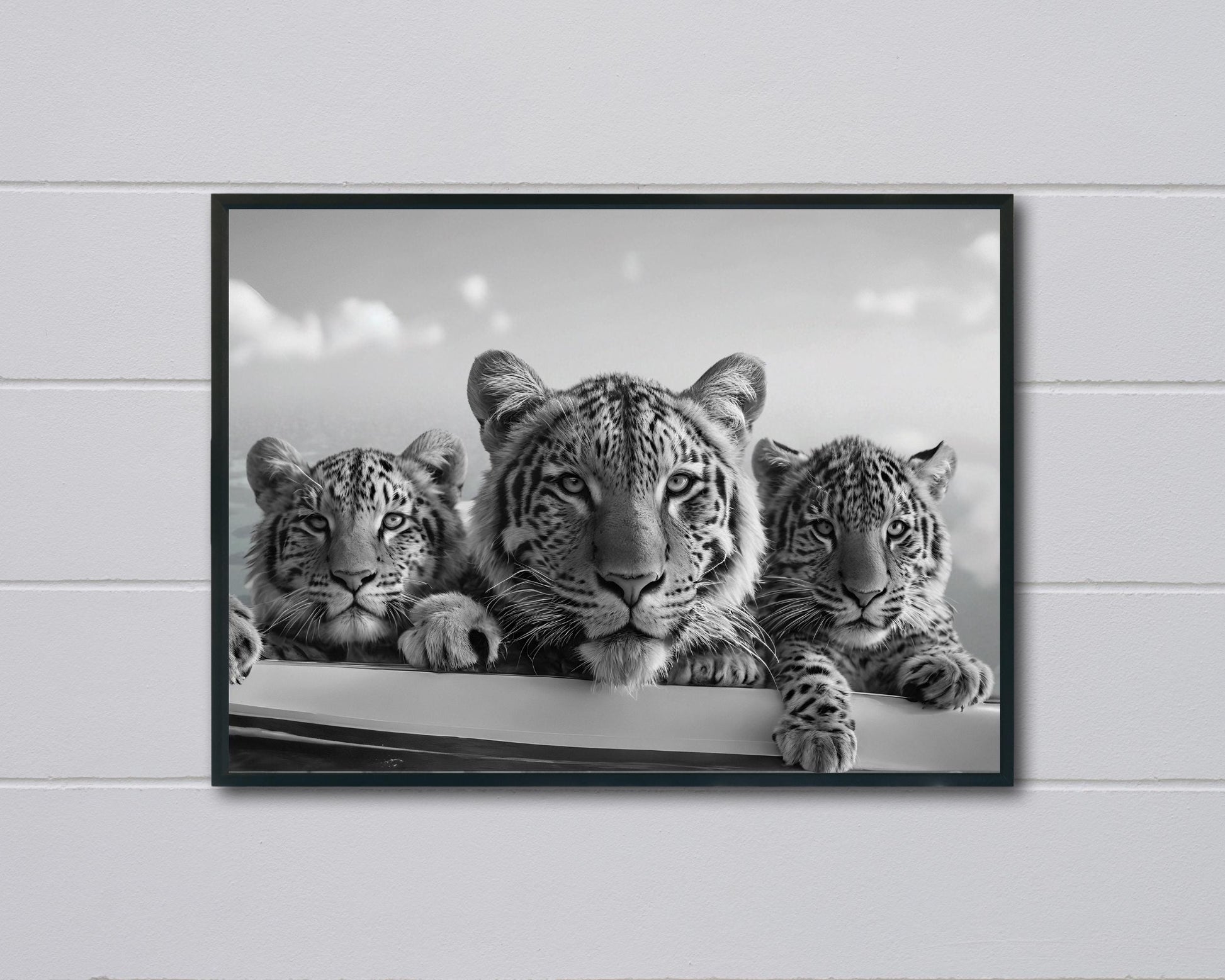 three tiger in boat poster luxury fashion print black and white classic wall art baby tiger hypebeast room decor digital download printable wall art poster, digital download