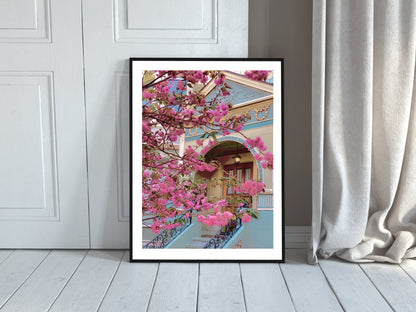 beautiful pink tree print tabebuia chrysotricha pink flowers blossom in spring fresh florals print neotropical tree background poster printable wall art poster, digital download