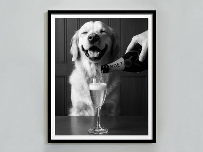 Golden Retriever Dog Drinking Champagne Print, Black and White, Bar Cart Wall Art, Cocktail Poster, Pub Decor, Printable, Digital Download