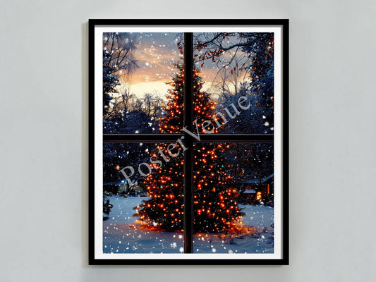christmas tree through window snowfall santa claus festive decor glowing lights holiday vibes gifts funny christmas art digital download printable wall art poster, digital download