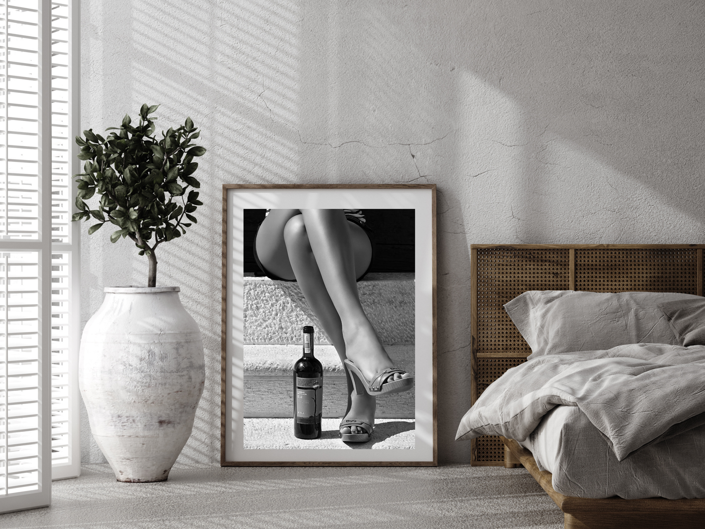 Black and White Woman Legs with Wine Bottle Aesthetic Wall Art Digital Download