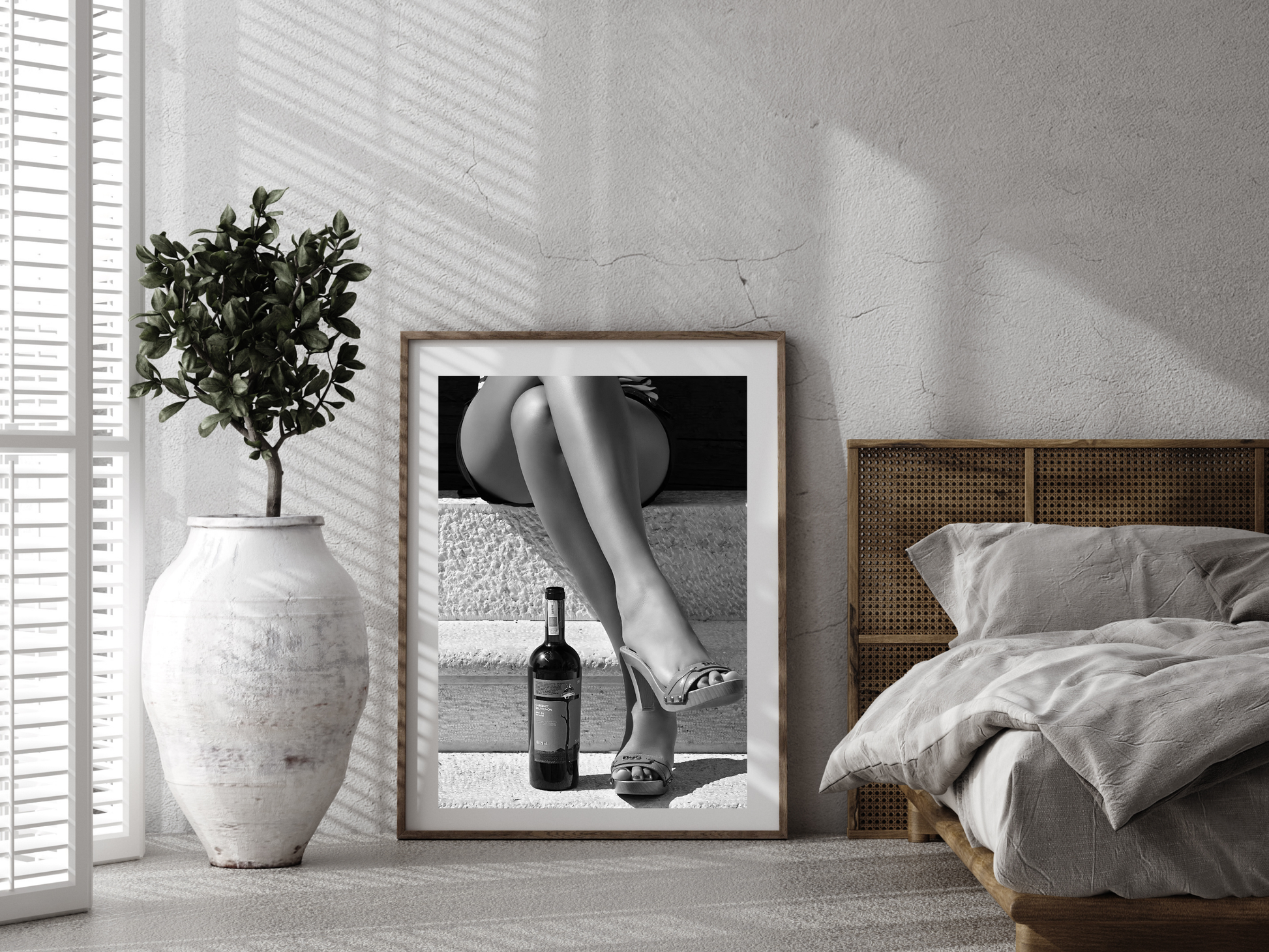 Black and White Woman Legs with Wine Bottle Aesthetic Wall Art Digital Download