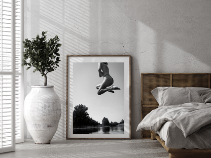 Black and White Woman Jumping Over Water Artistic Wall Print Digital Download