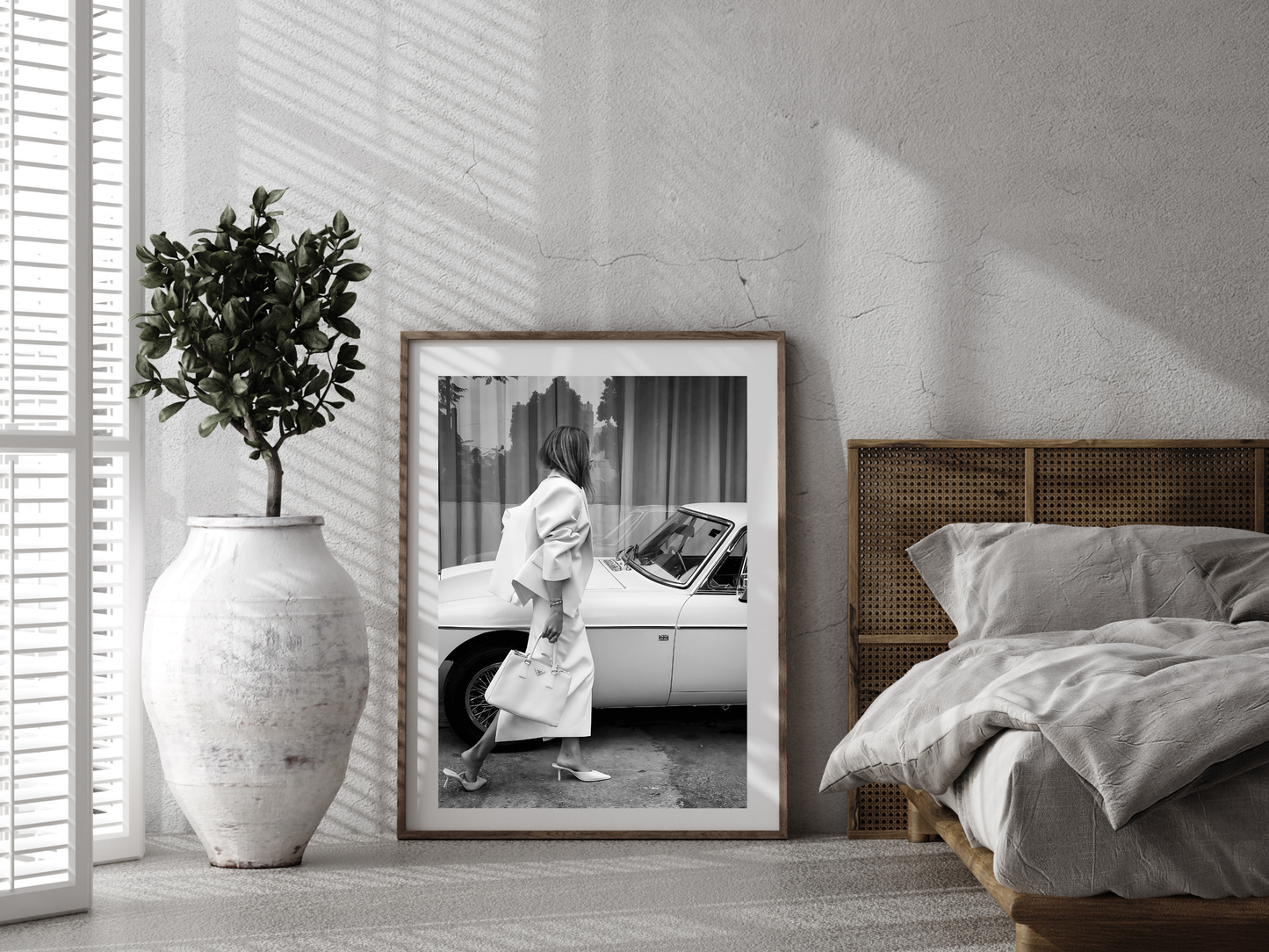 Elegant Woman with Prada Bag and Vintage Car Fashion Wall Art Digital Download