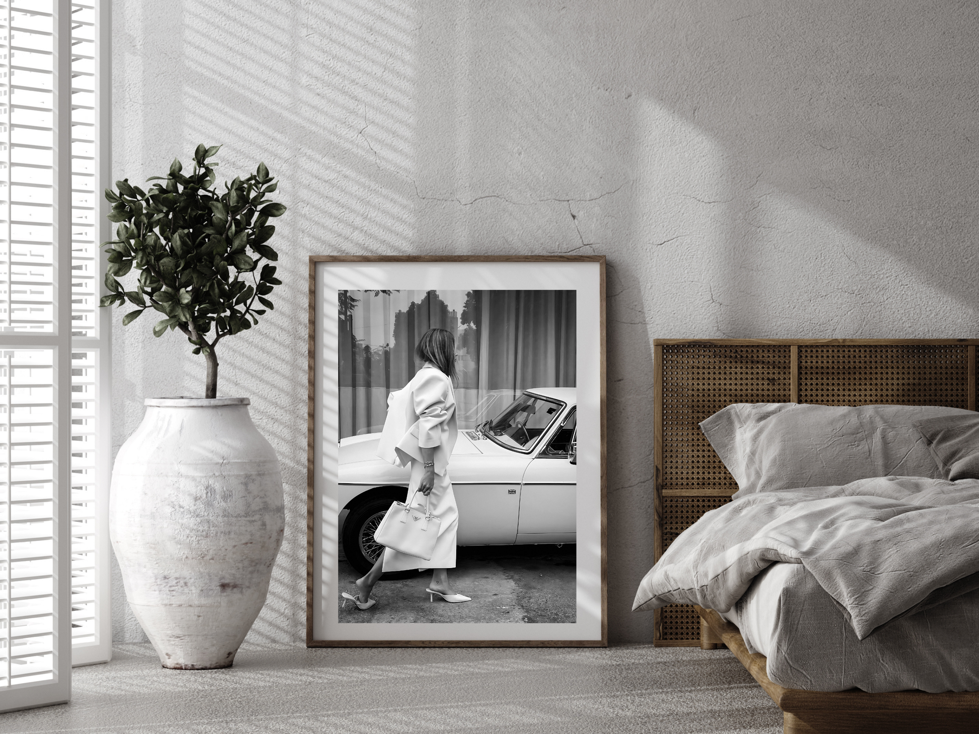 Elegant Woman with Prada Bag and Vintage Car Fashion Wall Art Digital Download