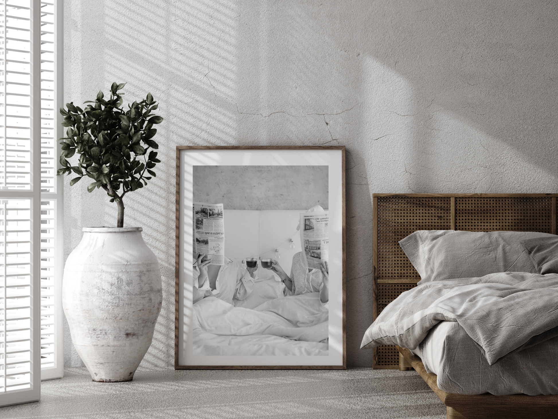 Couple Reading Newspaper Poster Black and White Cozy Morning Wall Art Digital Download