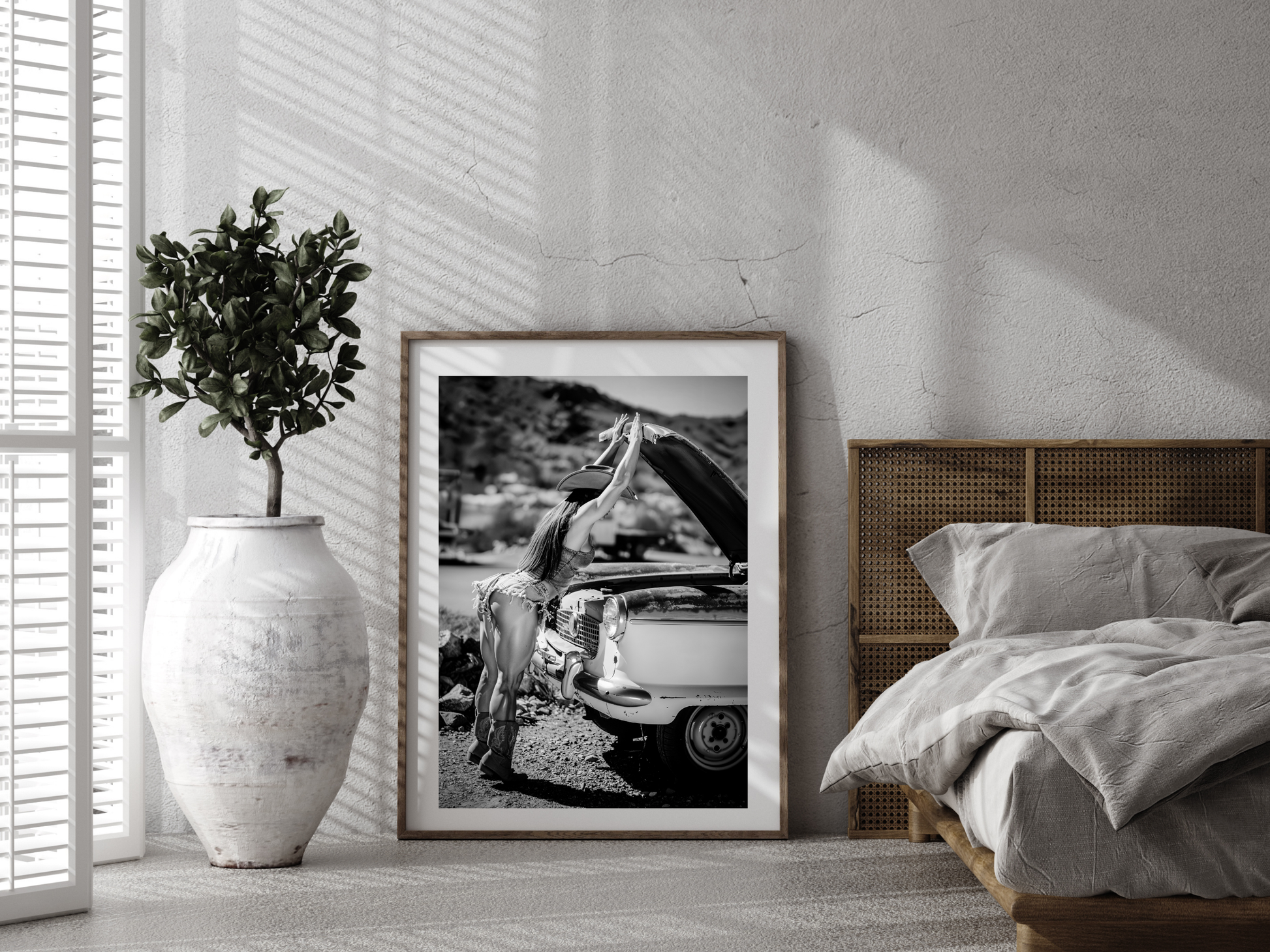 Cowgirl Vintage Car Poster Black and White – Western Retro Art Print for Rustic Decor (Digital Download)