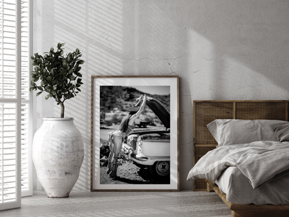 Cowgirl Vintage Car Poster Black and White – Western Retro Art Print for Rustic Decor (Digital Download)