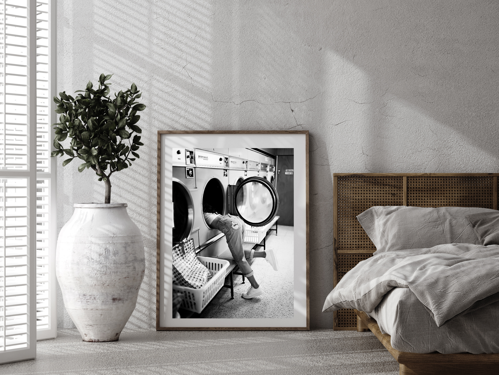 Playful Girl at Laundromat Retro Black and White Wall Art Digital Download