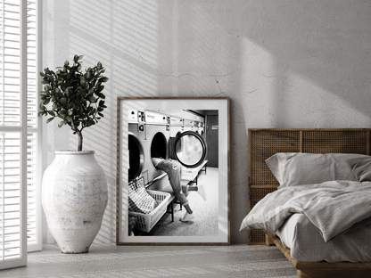 Playful Girl at Laundromat Retro Black and White Wall Art Digital Download
