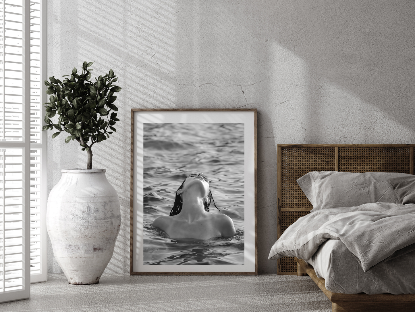 Woman Swimming in Ocean Black and White Minimalist Wall Art Digital Download