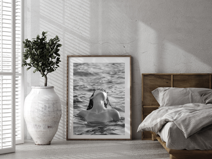 Woman Swimming in Ocean Black and White Minimalist Wall Art Digital Download