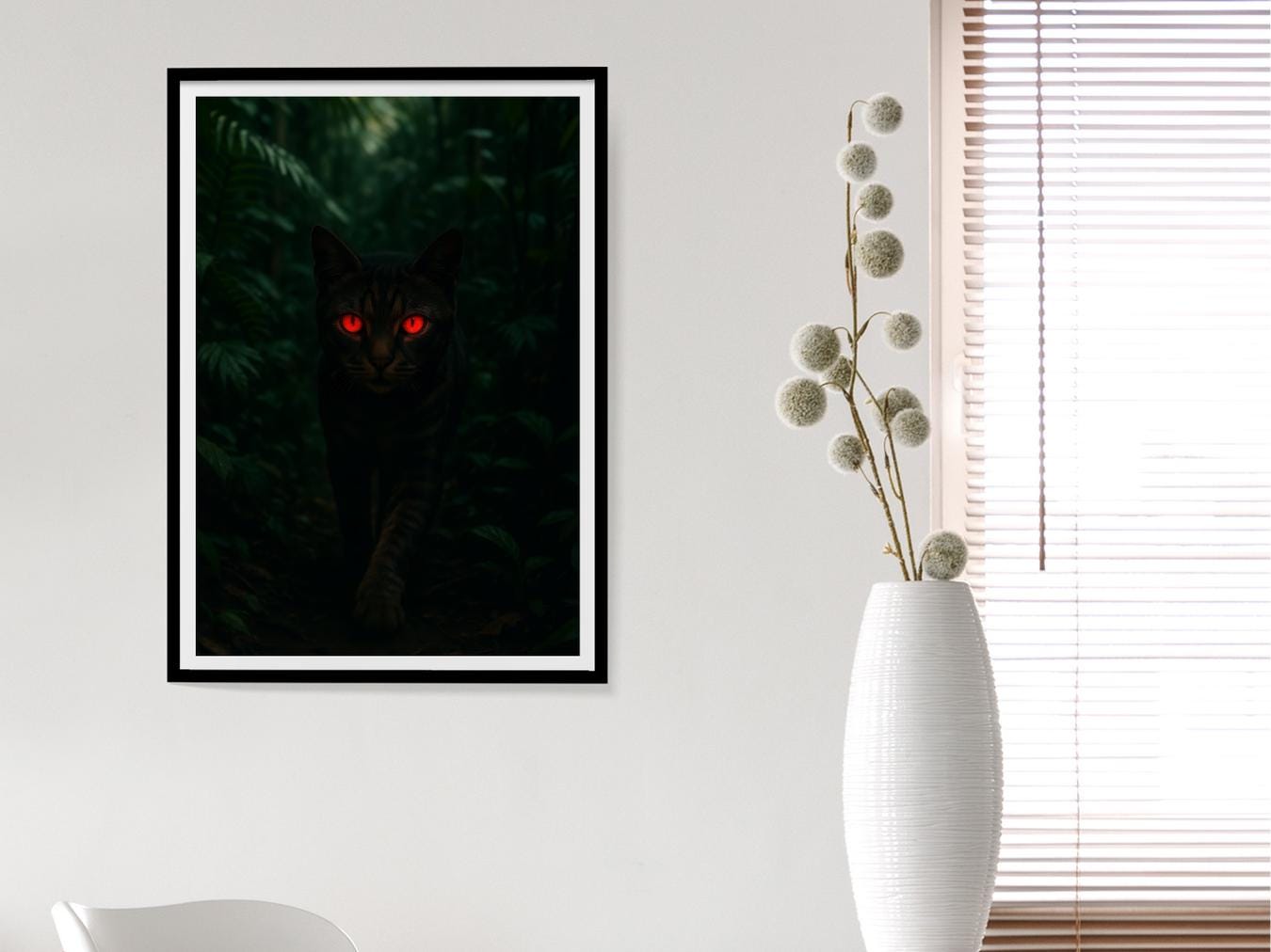 Framed artwork of a creature with red eyes on a wall next to a white vase with dried flowers.