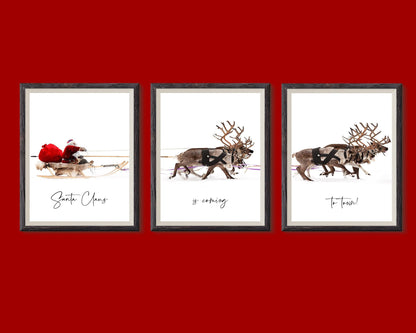 santa claus reindeer trio christmas wall art festive scandinavian holiday decor 3 frame digital download printable wall art poster, digital download