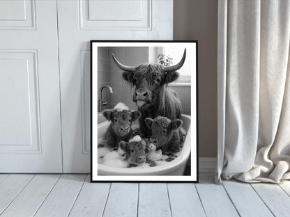 Highland Cow in Bathtub Print, Black and White, Funny Bathroom Wall Art, Kids Bathroom Decor, Digital Download, Animals in Bathtub Wall Art