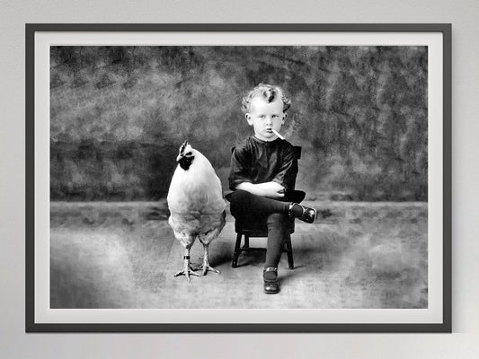 Smoking Boy with Chicken Print, Black and White, Vintage Photography, Quirky Bathroom Wall Art, Rare Prints, Digital Download, Funny Poster