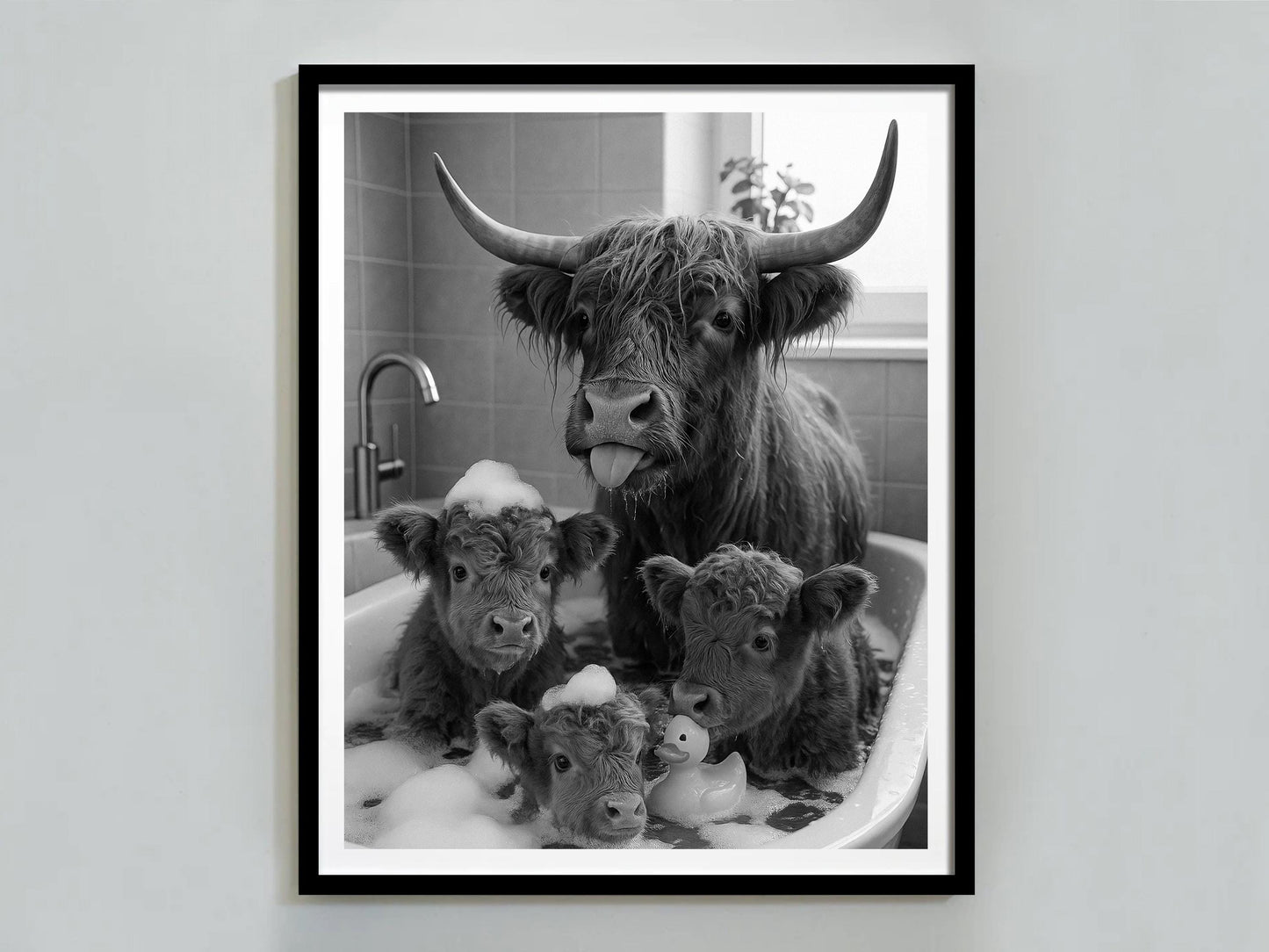 Highland Cow in Bathtub Print, Black and White, Funny Bathroom Wall Art, Kids Bathroom Decor, Digital Download, Animals in Bathtub Wall Art