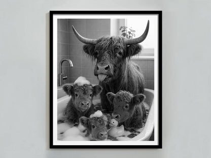 Highland Cow in Bathtub Print, Black and White, Funny Bathroom Wall Art, Kids Bathroom Decor, Digital Download, Animals in Bathtub Wall Art