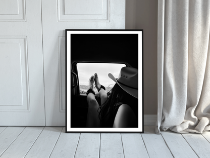 Cowgirl Relaxing Car Window Print - Black & White Western Photography Wall Art (Digital Download)