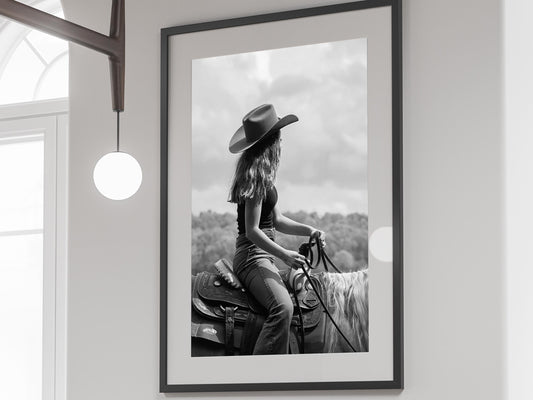 cowgirl on horse print black and white vintage photography wild west western cowgirl poster wall art hypebeast decor digital download printable wall art poster, digital download