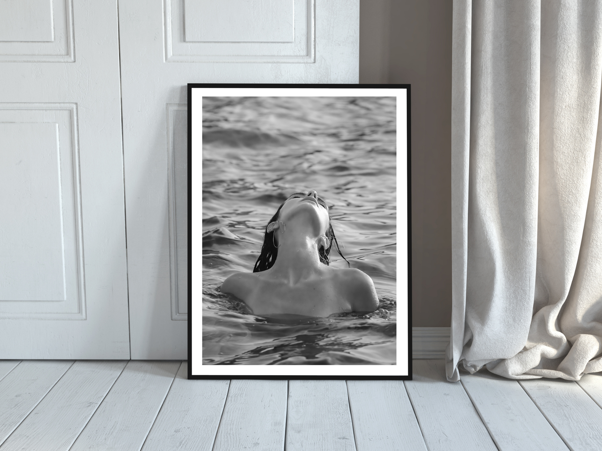 Woman Swimming in Ocean Black and White Minimalist Wall Art Digital Download