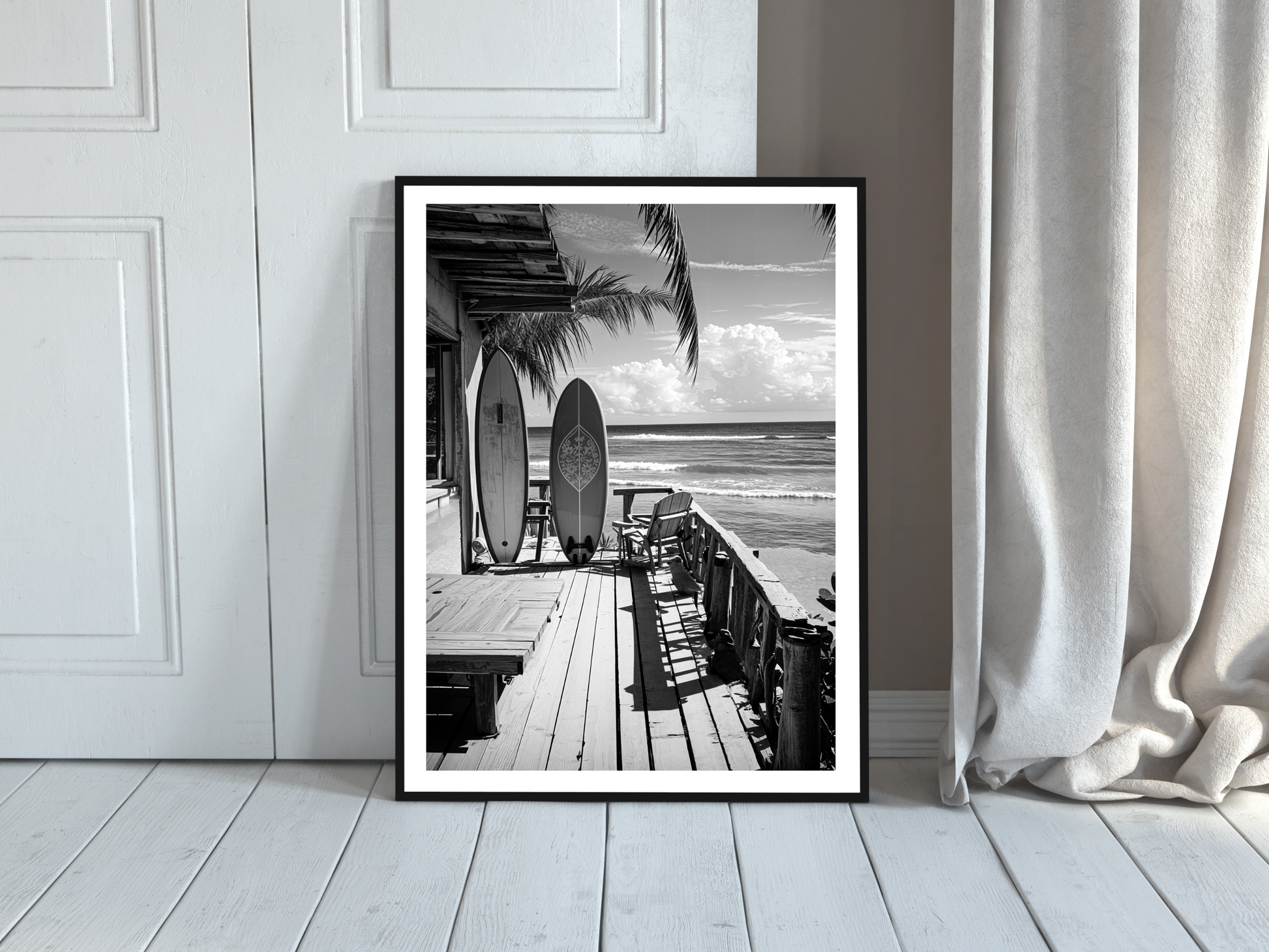 Surfboard Beach Poster Black and White – Coastal Ocean Wall Art For Home, Surf Shop And Beach House Decor (Digital Download)