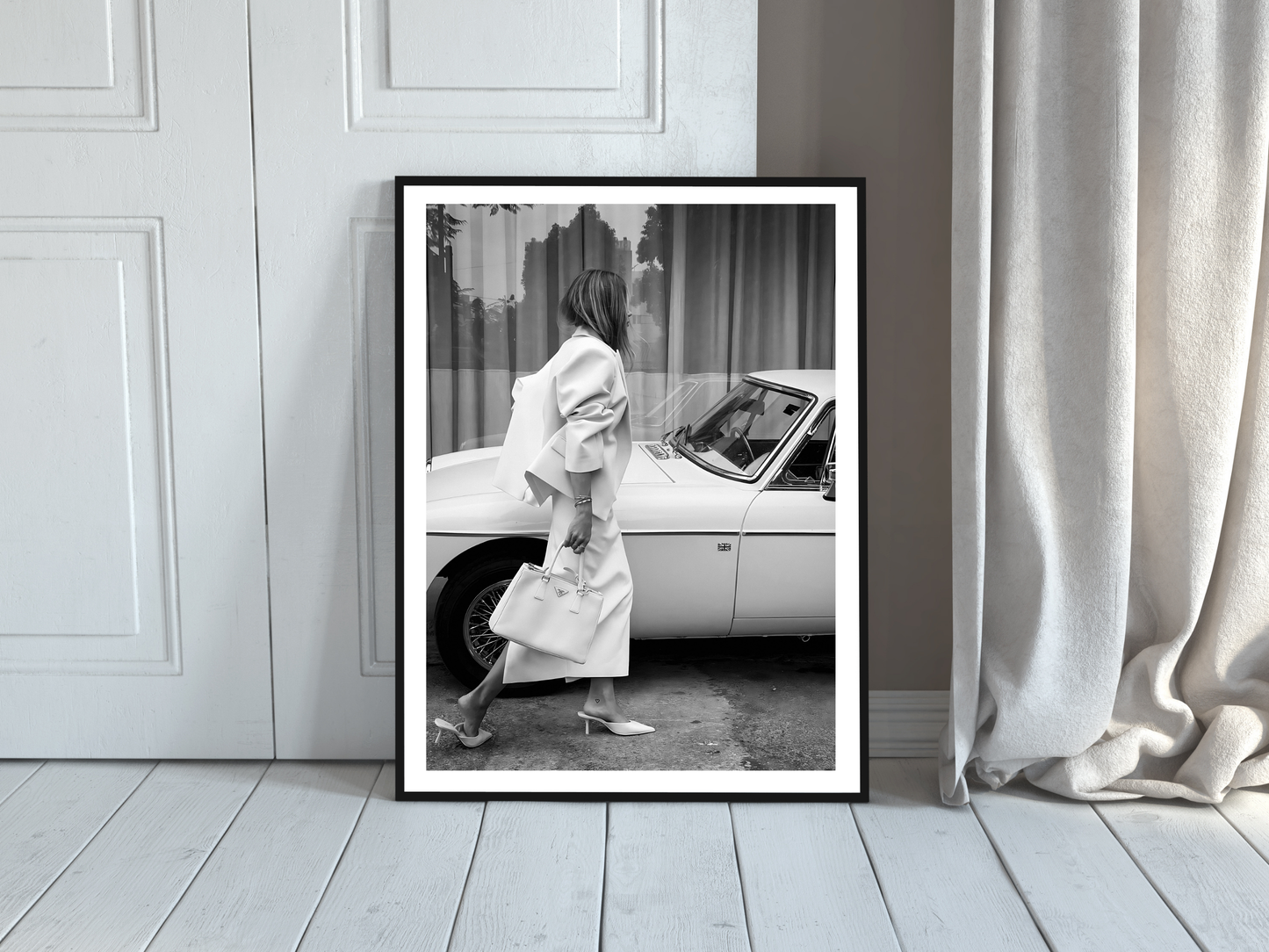 Elegant Woman with Prada Bag and Vintage Car Fashion Wall Art Digital Download
