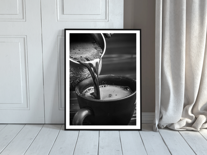 Coffee Pour Poster Black and White – Hot Coffee Art Print For Kitchen, Café And Wall Decor (Digital Download)