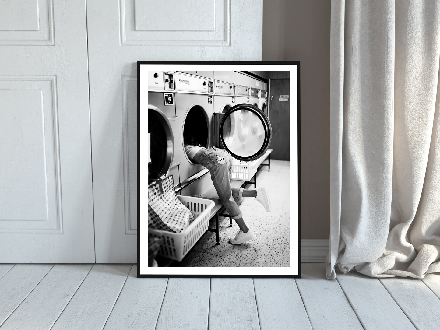 Playful Girl at Laundromat Retro Black and White Wall Art Digital Download