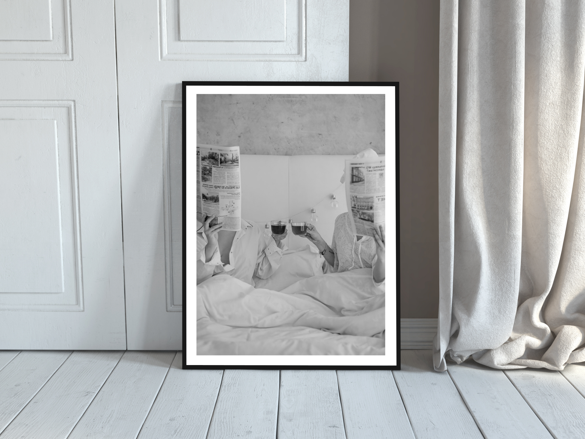 Couple Reading Newspaper Poster Black and White Cozy Morning Wall Art Digital Download