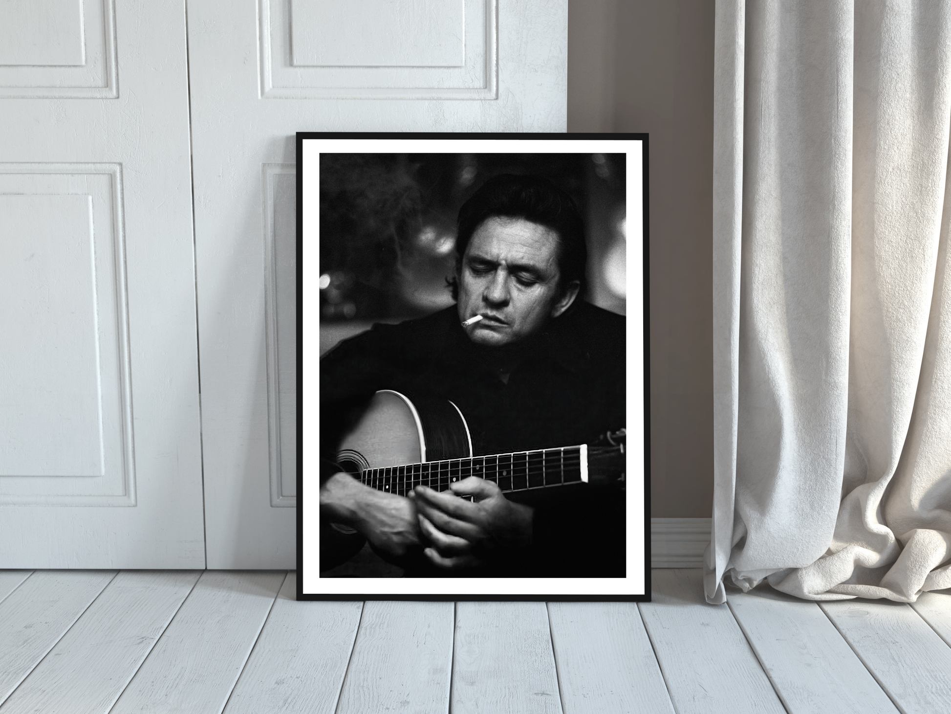 Johnny Cash Iconic Black and White Guitar Portrait Digital Download
