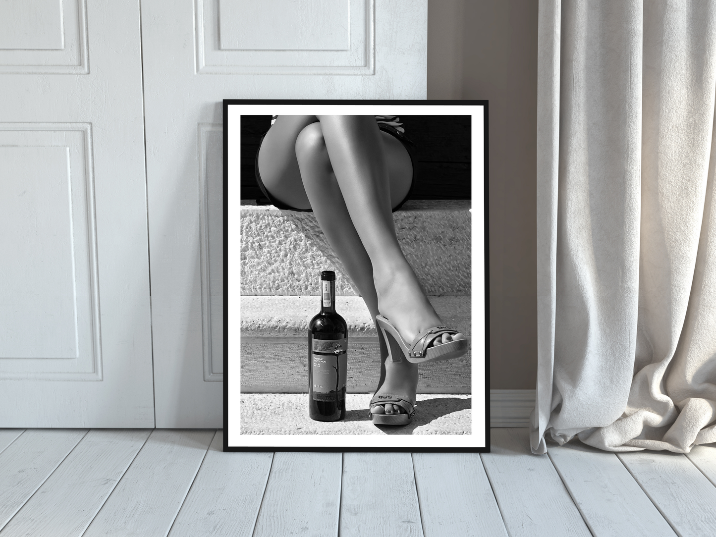 Black and White Woman Legs with Wine Bottle Aesthetic Wall Art Digital Download